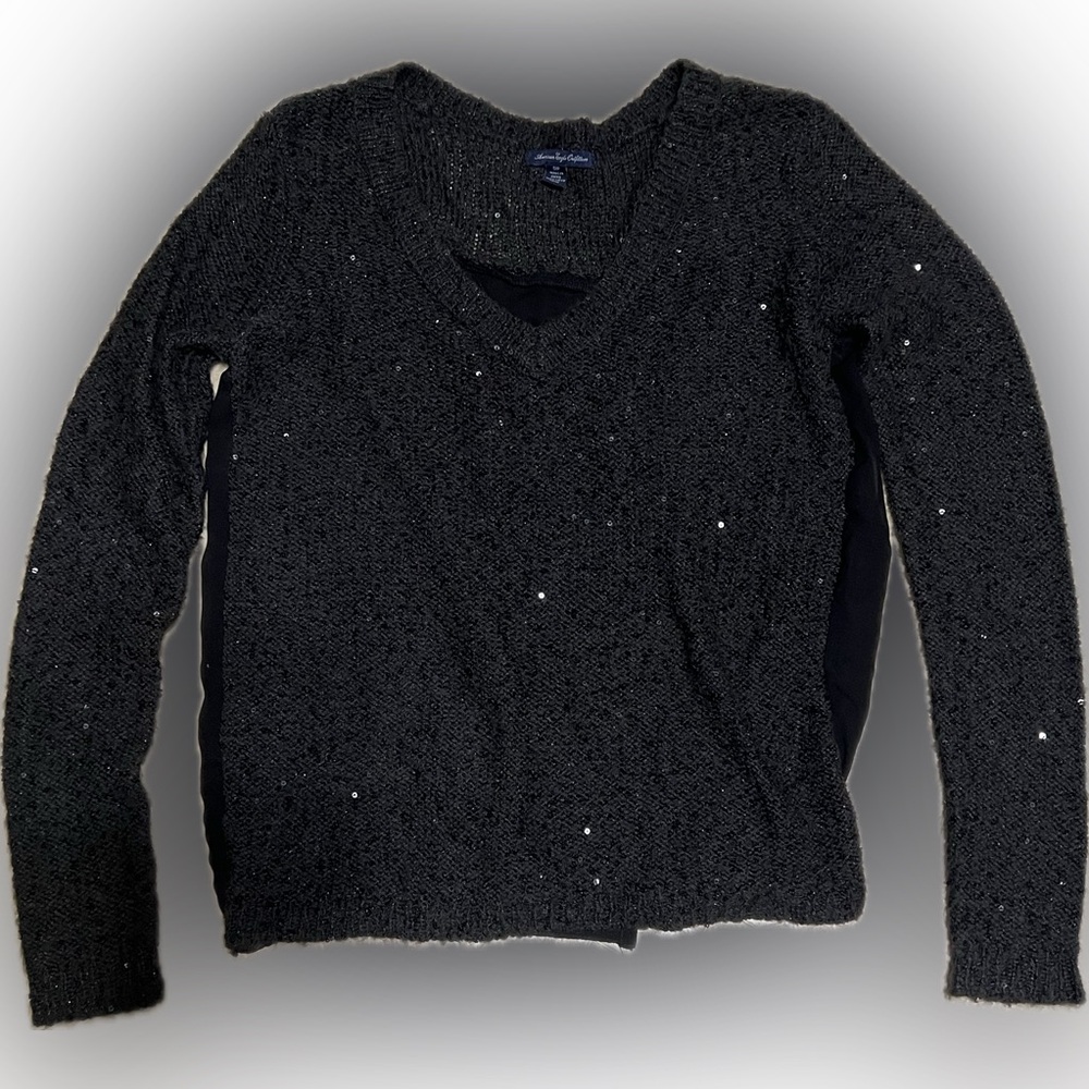 💥Women American Eagle Sequin Black Sweater V-neck Open Back Tie Closure Small